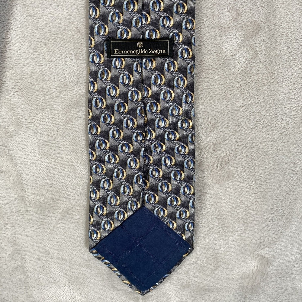 Ermenegildo Zegna Men's 100% Silk Neck Tie Blue Gold Geometric Made in‎ Italy